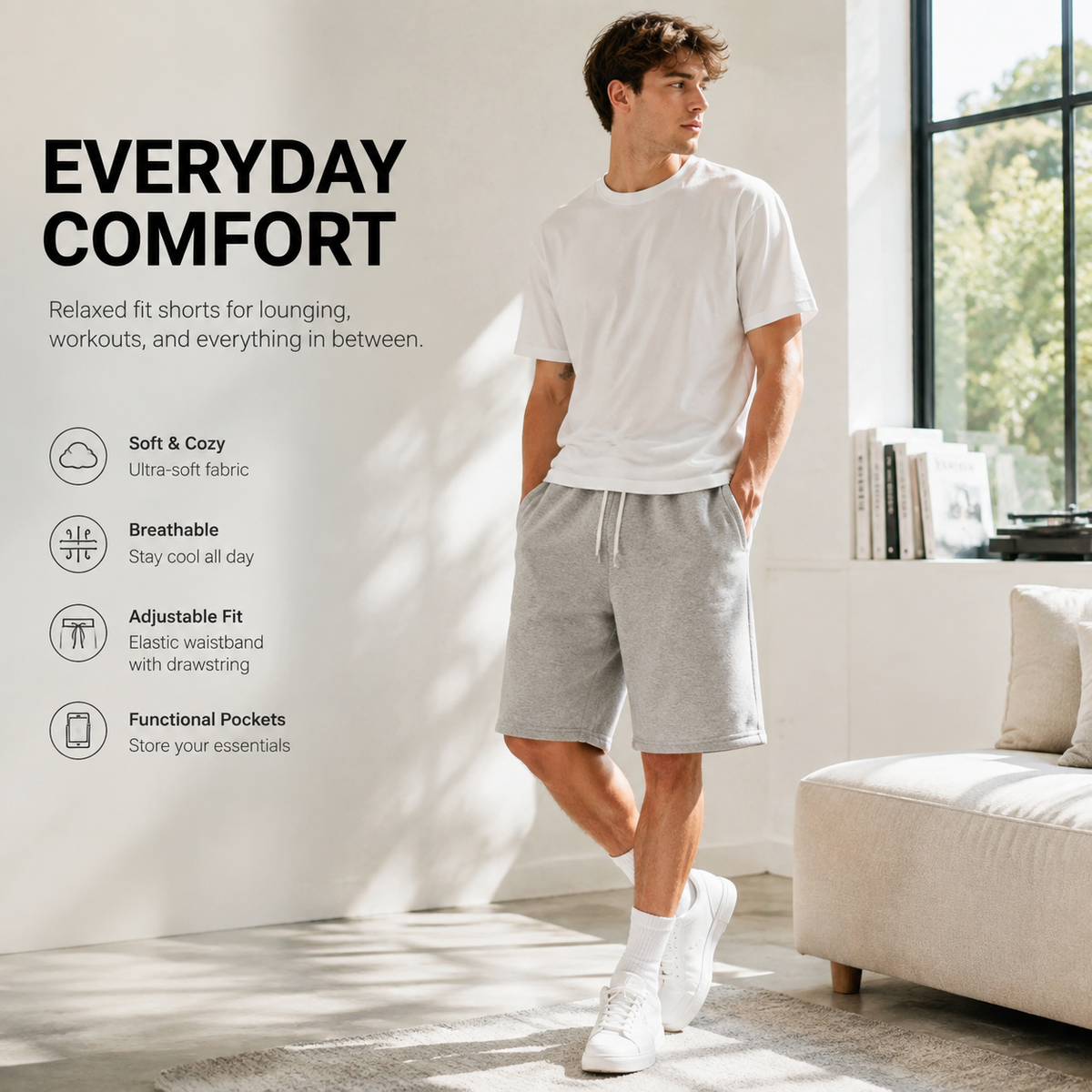 Everyday comfort features of the drawstring shorts