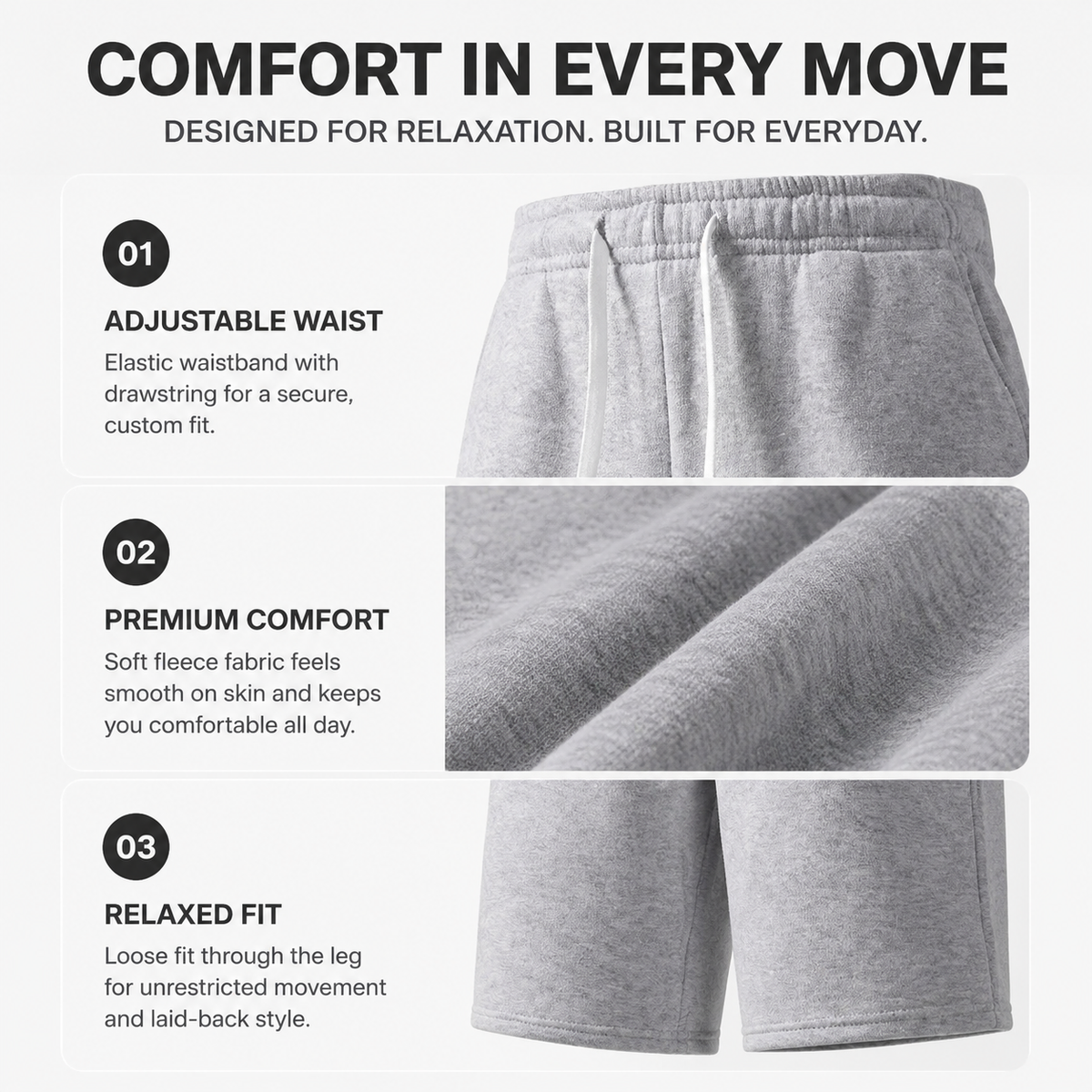 Adjustable waist and premium comfort details