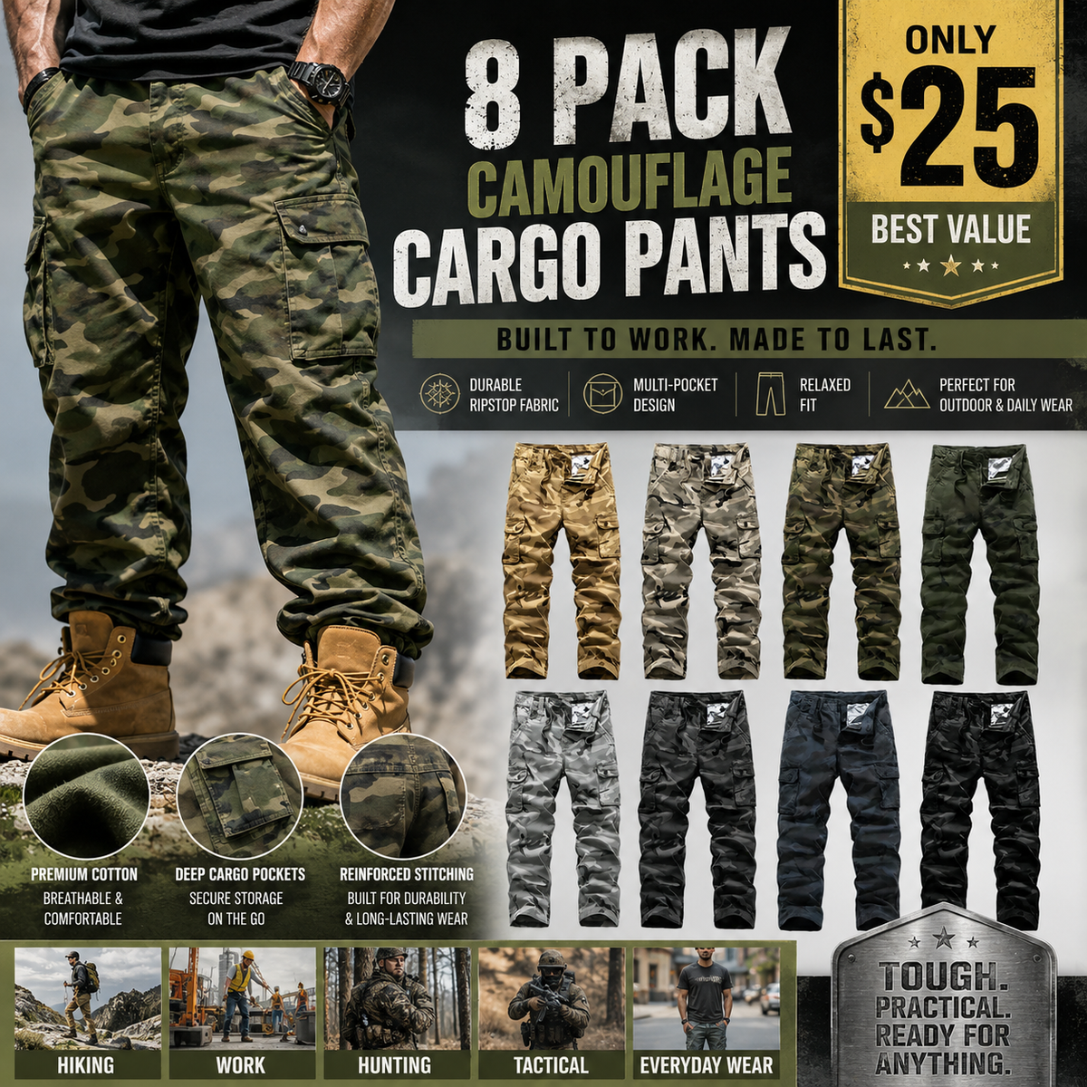 Men's Camo Pants, Casual Outdoor Tactical Camouflage Trousers
