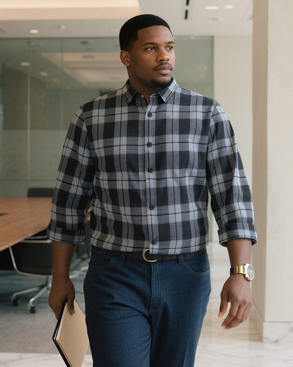 Big & Tall Men's Black autumn/winter Commuter Plaid Flannel Long Sleeve Shirt