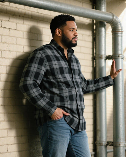Big & Tall Men's Black autumn/winter Commuter Plaid Flannel Long Sleeve Shirt