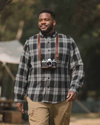 Big & Tall Men's Black autumn/winter Commuter Plaid Flannel Long Sleeve Shirt